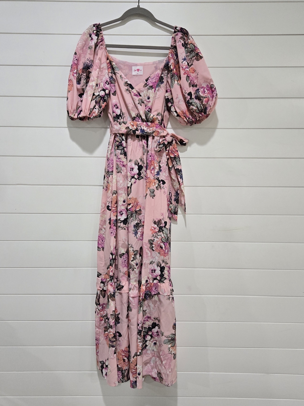 BuddyLove Sydney Puff Sleeve Maxi Dress Bashful Tie Waist Sz Small Floral Pink